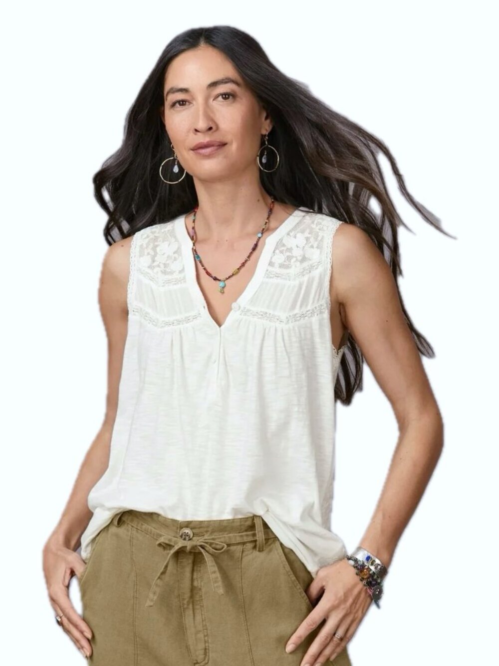 Sundance XXL WHITE Nori Tank Embroidered Lace Henley Sleeveless Top